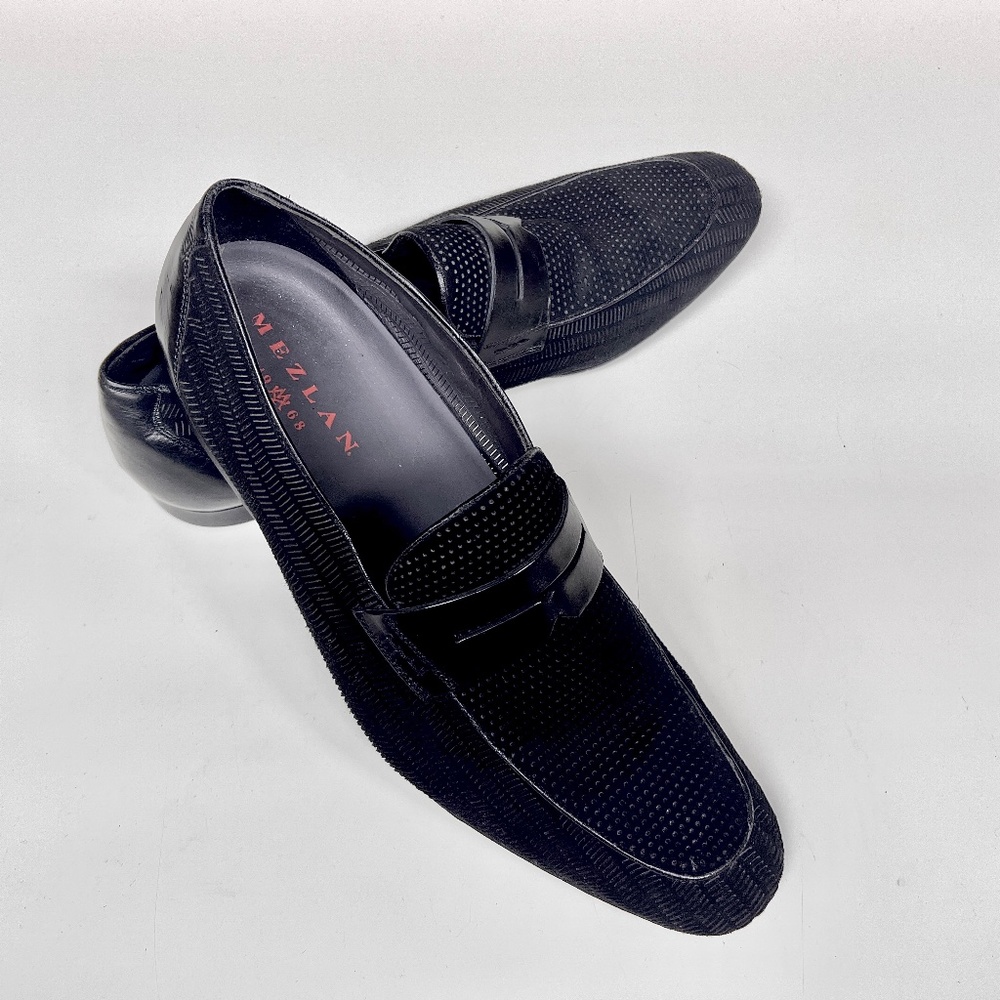 Mezlan "Rogier" 5890 Black Genuine Burnished Patterned Suede Penny Loafer 12D - Picture 2 of 12
